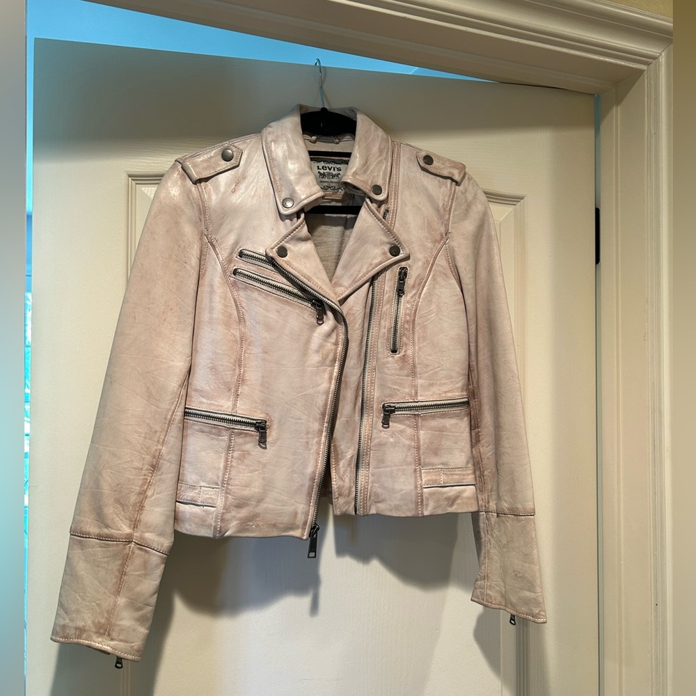 Levis Women's Cream White Distressed Real Leather Moto Jacket Size Small